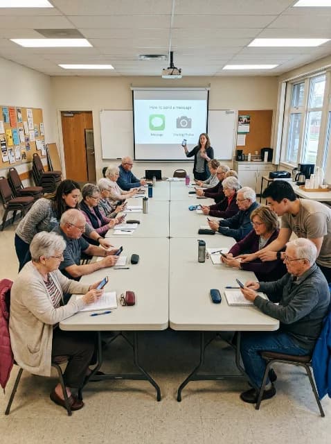 Adults practicing smartphone skills together during a community classroom workshop.